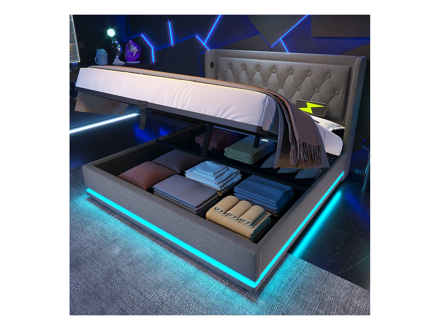 Lit double coffre 180 x 200 cm, coton gris, avec LED et prise USB, sans matelas