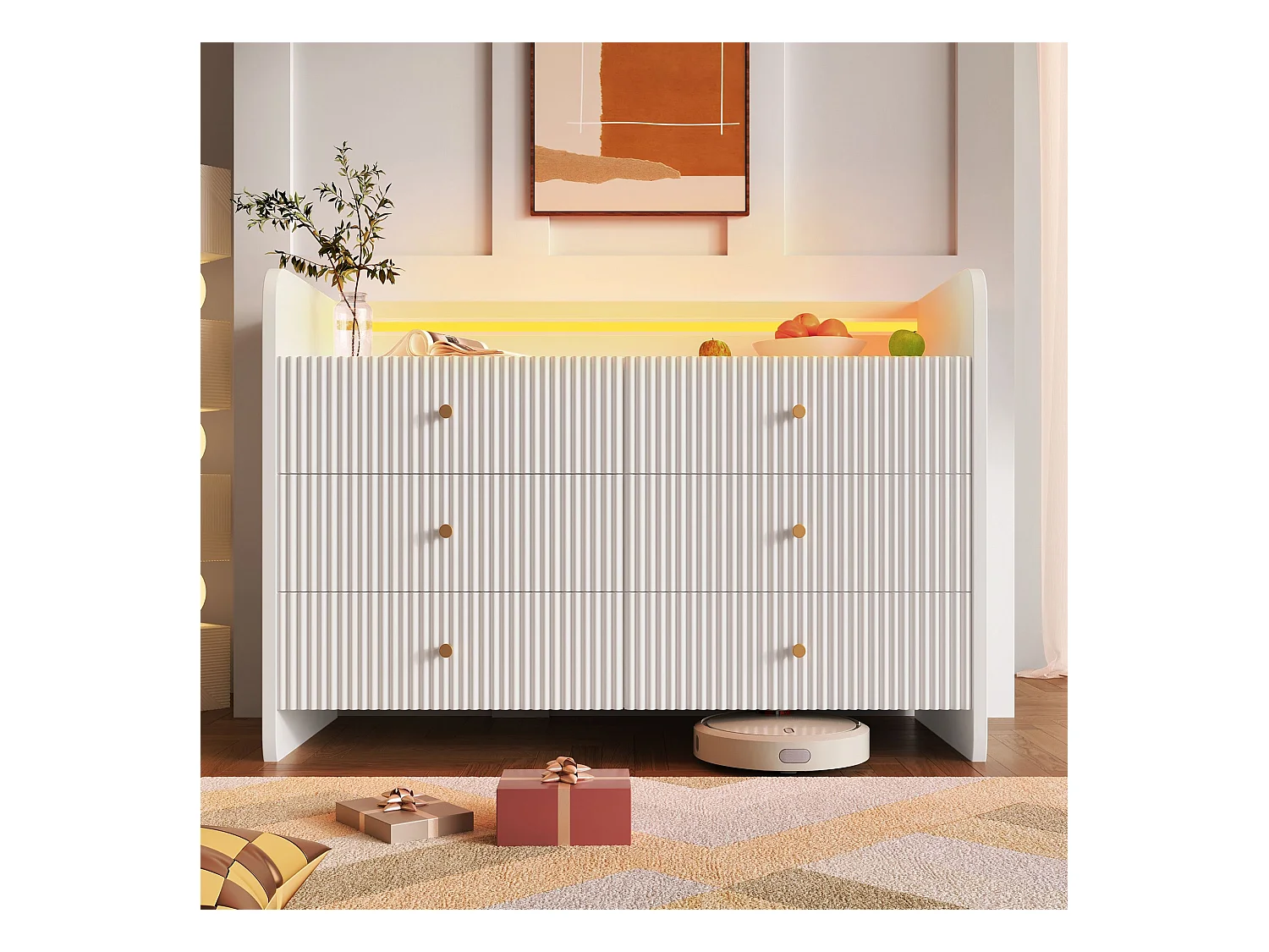 Commode blanc avec 6 tiorirs et éclairage LED, 120x40x75 cm
