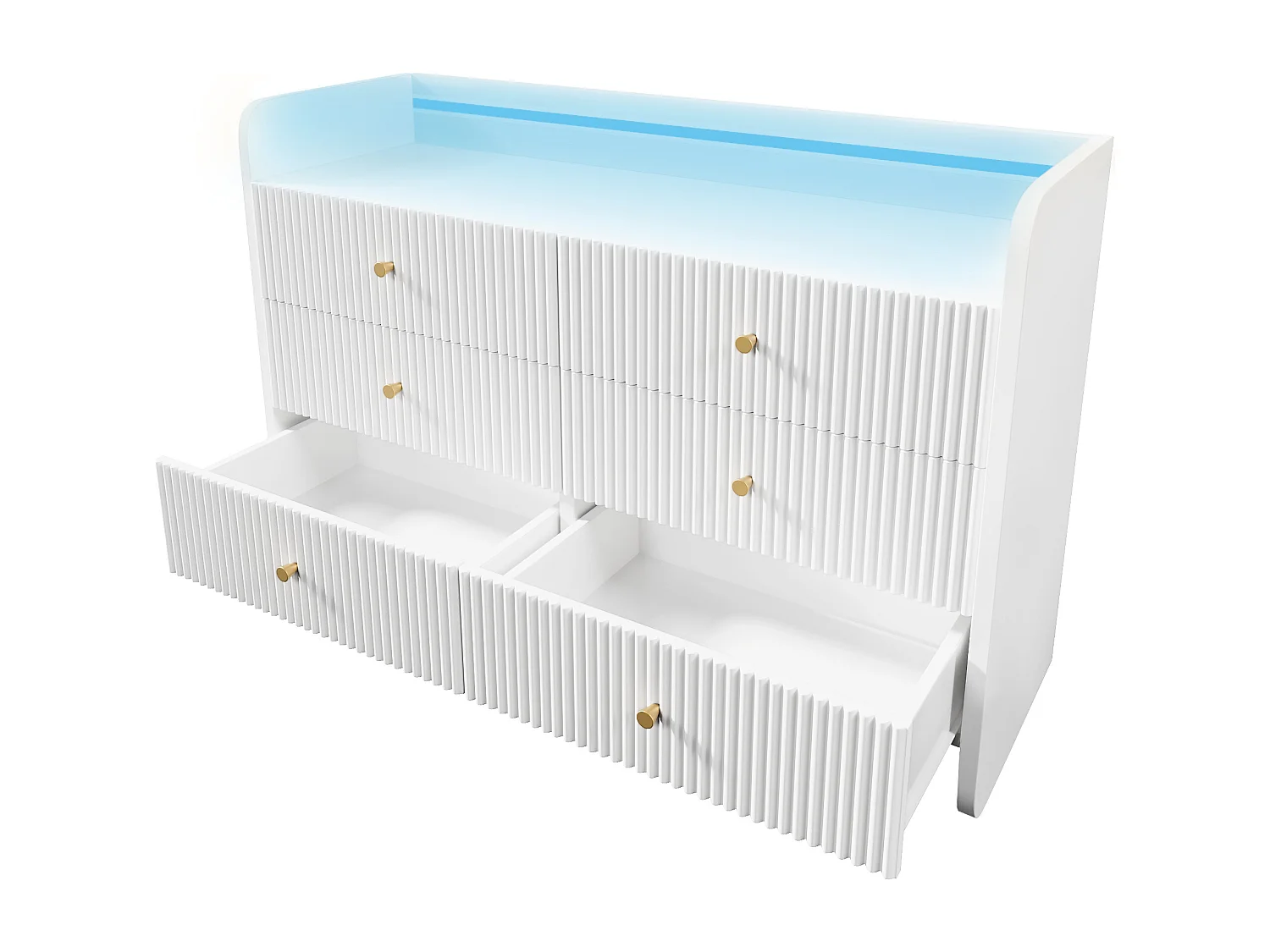 Wit dressoir, gestreept design, dressoir met ledverlichting en 6 lades, voor woonkamer en slaapkamer