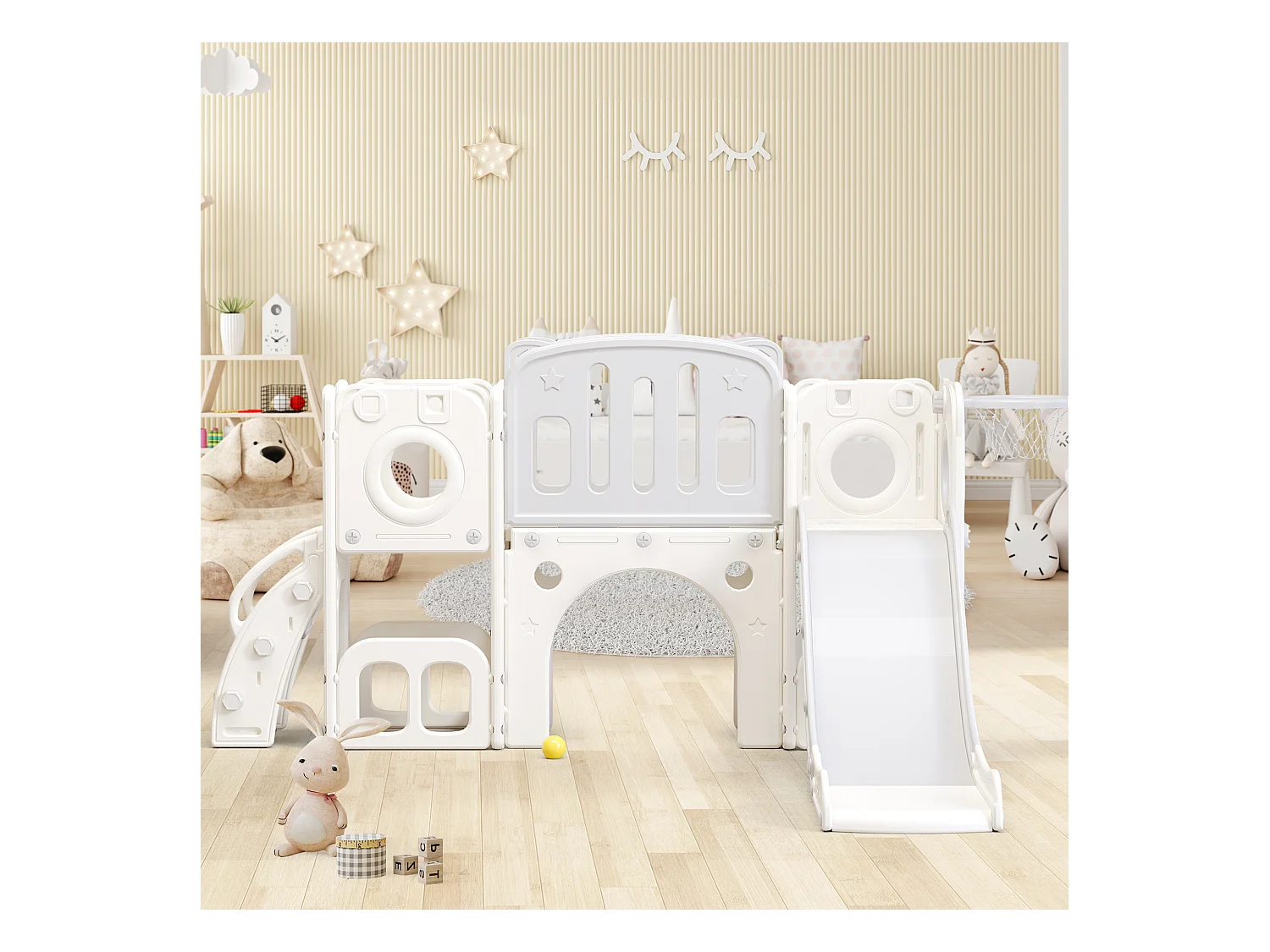 Toboggan 6 en 1 pour enfants - toboggan, plates-formes, compartiments d'armoire de base, panier de basket-ball et des escaliers - Blanc