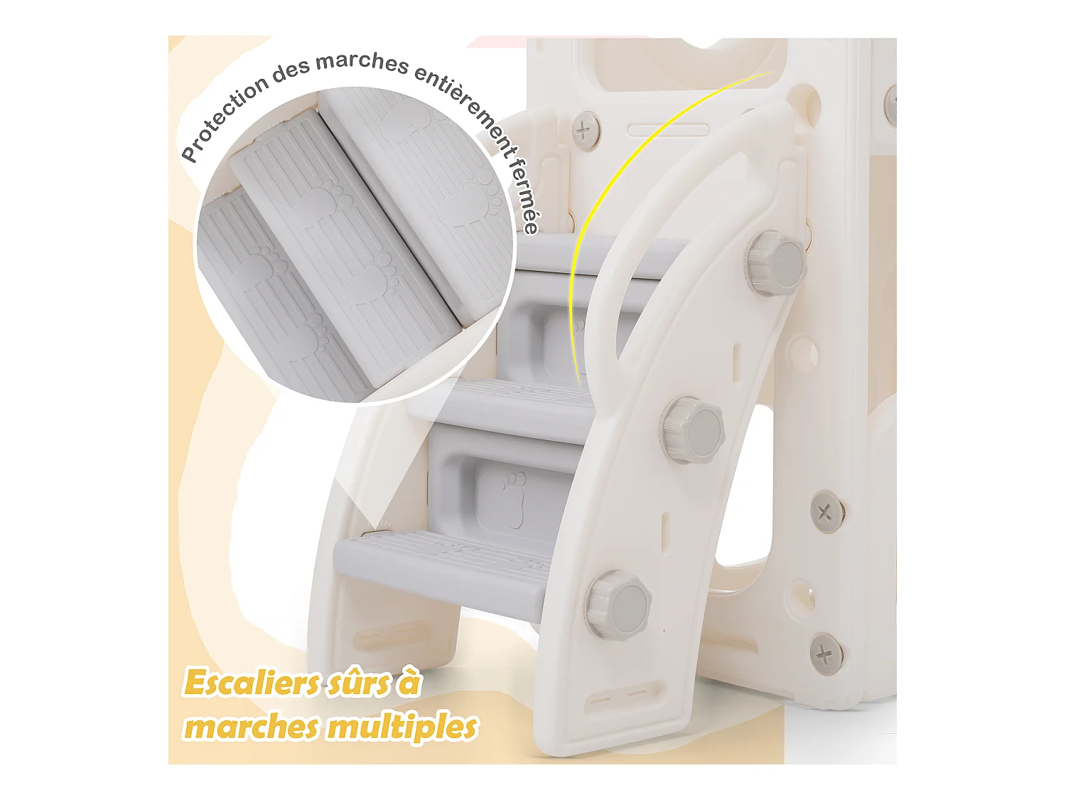 Toboggan 6 en 1 pour enfants - toboggan, plates-formes, compartiments d'armoire de base, panier de basket-ball et des escaliers - Blanc