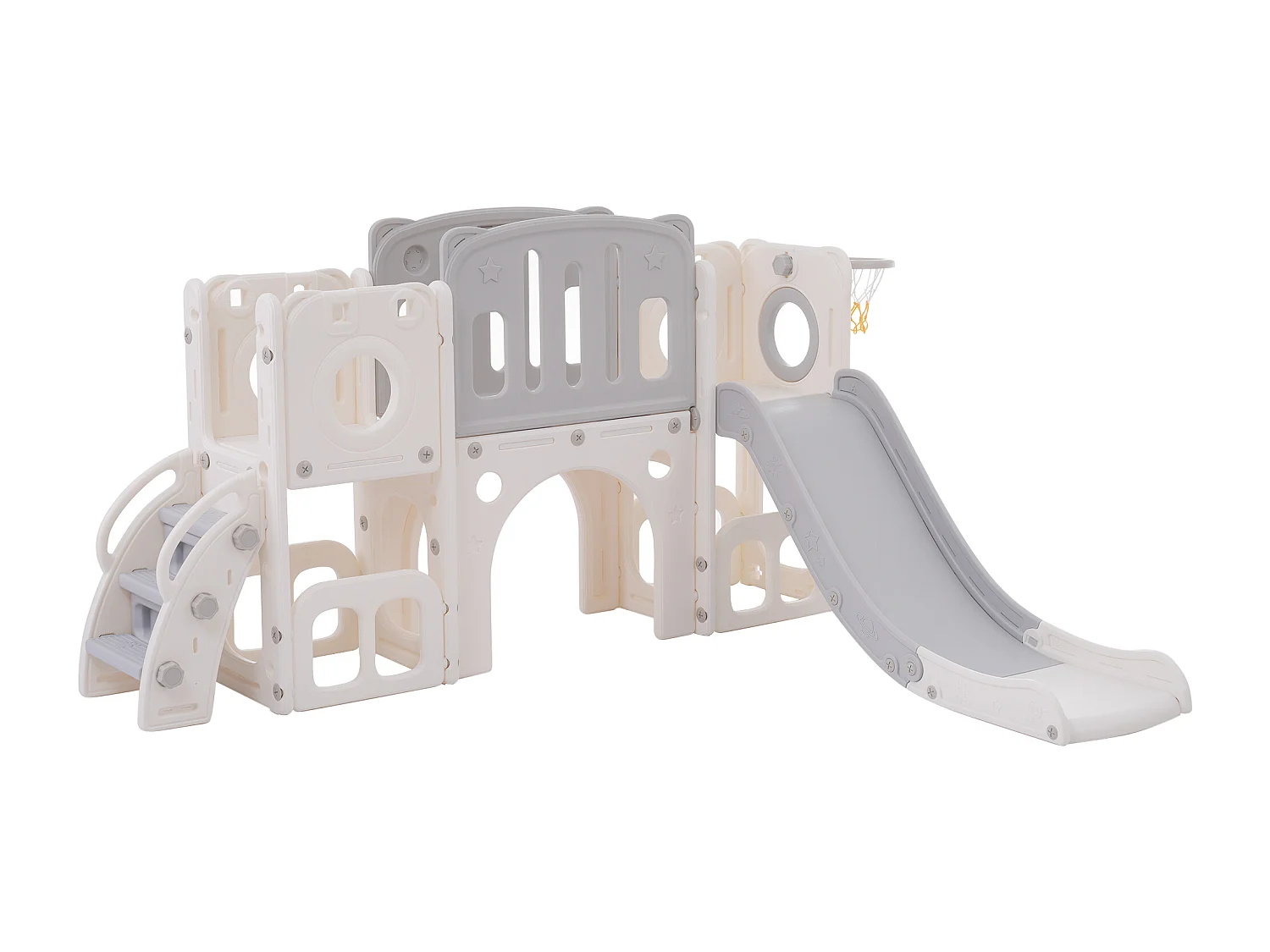 Toboggan 6 en 1 pour enfants - toboggan, plates-formes, compartiments d'armoire de base, panier de basket-ball et des escaliers - Blanc