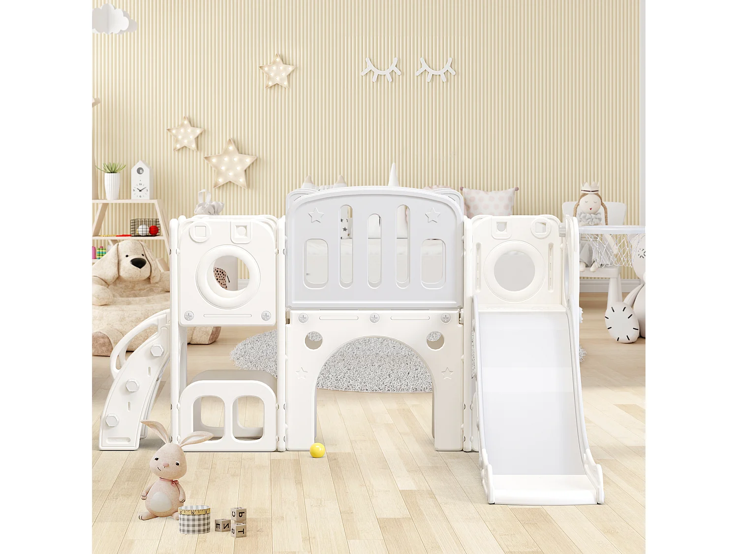 Toboggan 6 en 1 pour enfants - toboggan, plates-formes, compartiments d'armoire de base, panier de basket-ball et des escaliers - Blanc