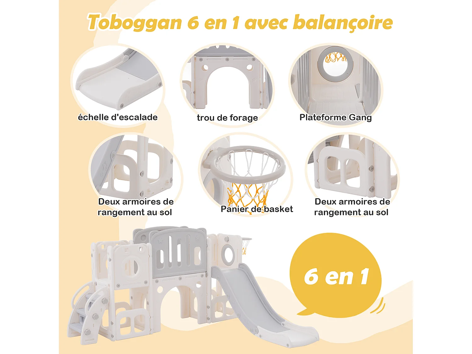 Toboggan 6 en 1 pour enfants - toboggan, plates-formes, compartiments d'armoire de base, panier de basket-ball et des escaliers - Blanc