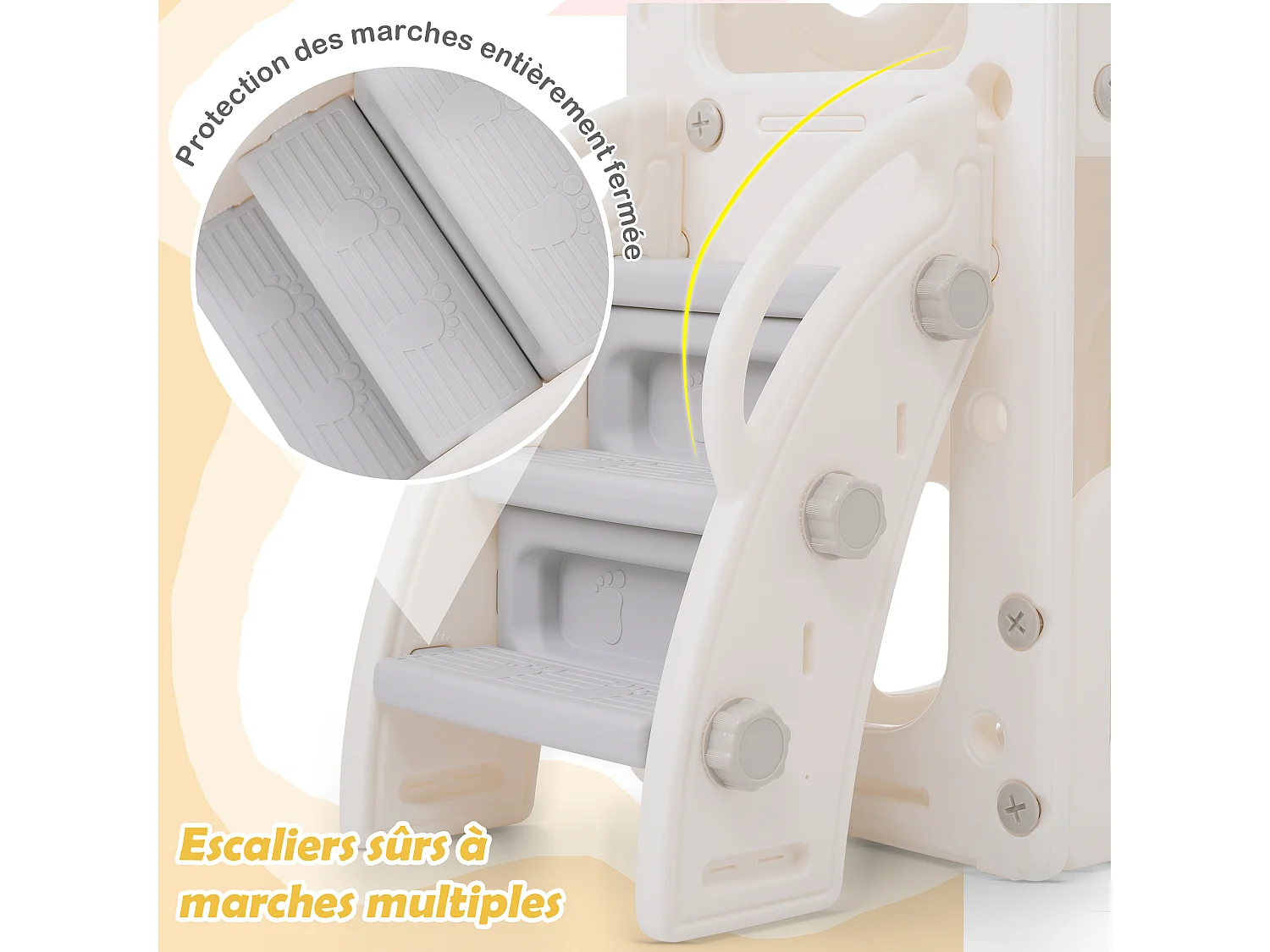 Toboggan 6 en 1 pour enfants - toboggan, plates-formes, compartiments d'armoire de base, panier de basket-ball et des escaliers - Blanc