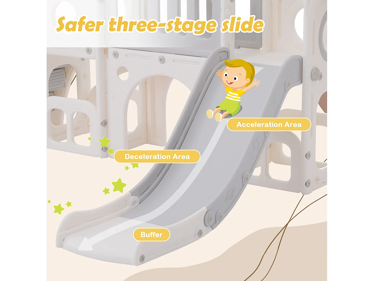 Toboggan 6 en 1 pour enfants - toboggan, plates-formes, compartiments d'armoire de base, panier de basket-ball et des escaliers - Blanc