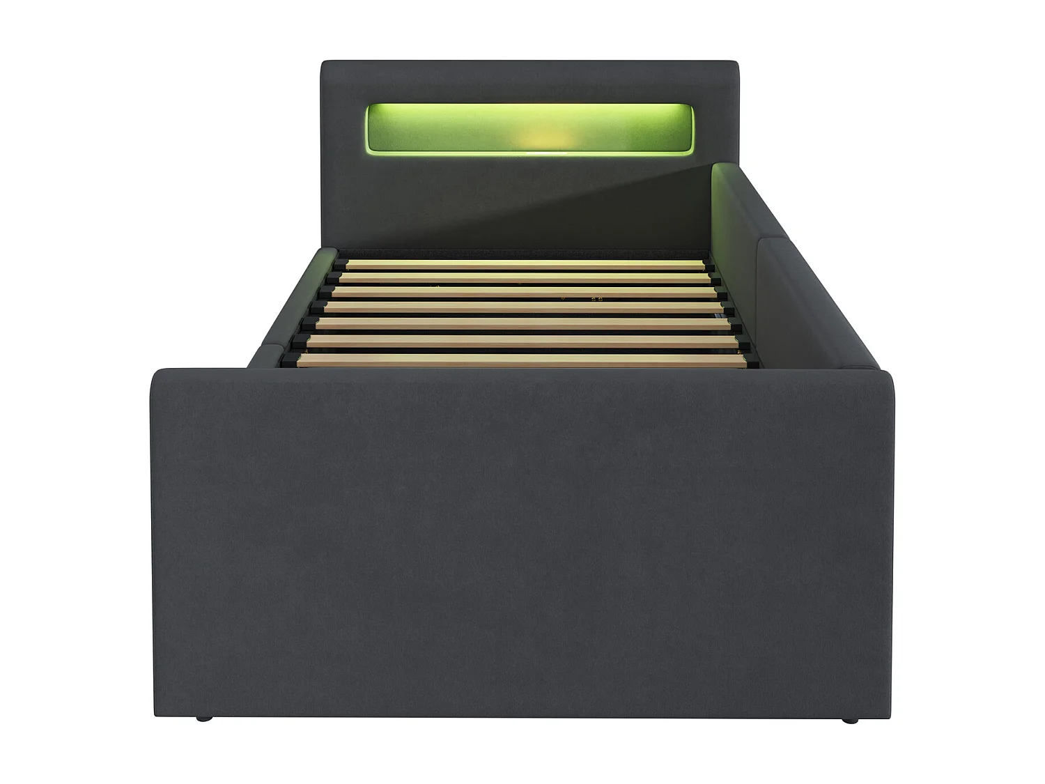 Lit coffre enfant 90x200 cm, velours gris foncé, Lit simple avec LED et port USB, sans matelas