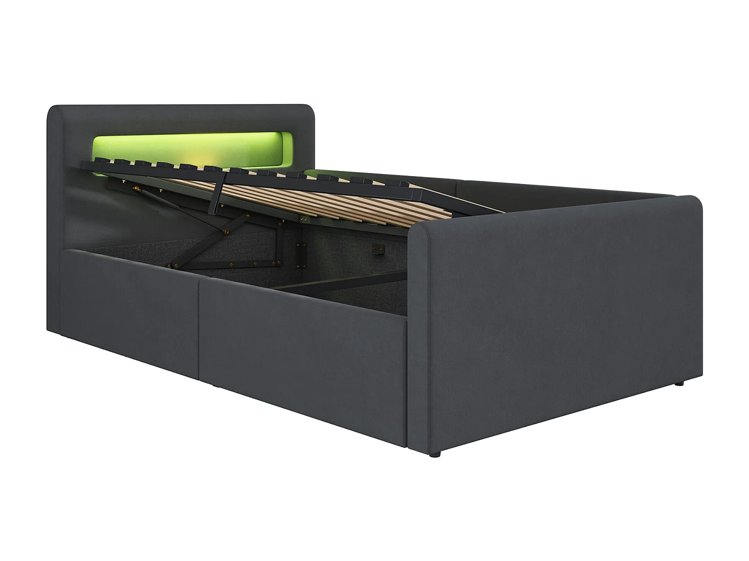 Lit coffre enfant 90x200 cm, velours gris foncé, Lit simple avec LED et port USB, sans matelas