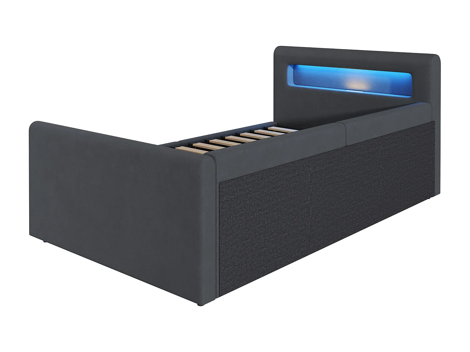 Lit coffre enfant 90x200 cm, velours gris foncé, Lit simple avec LED et port USB, sans matelas