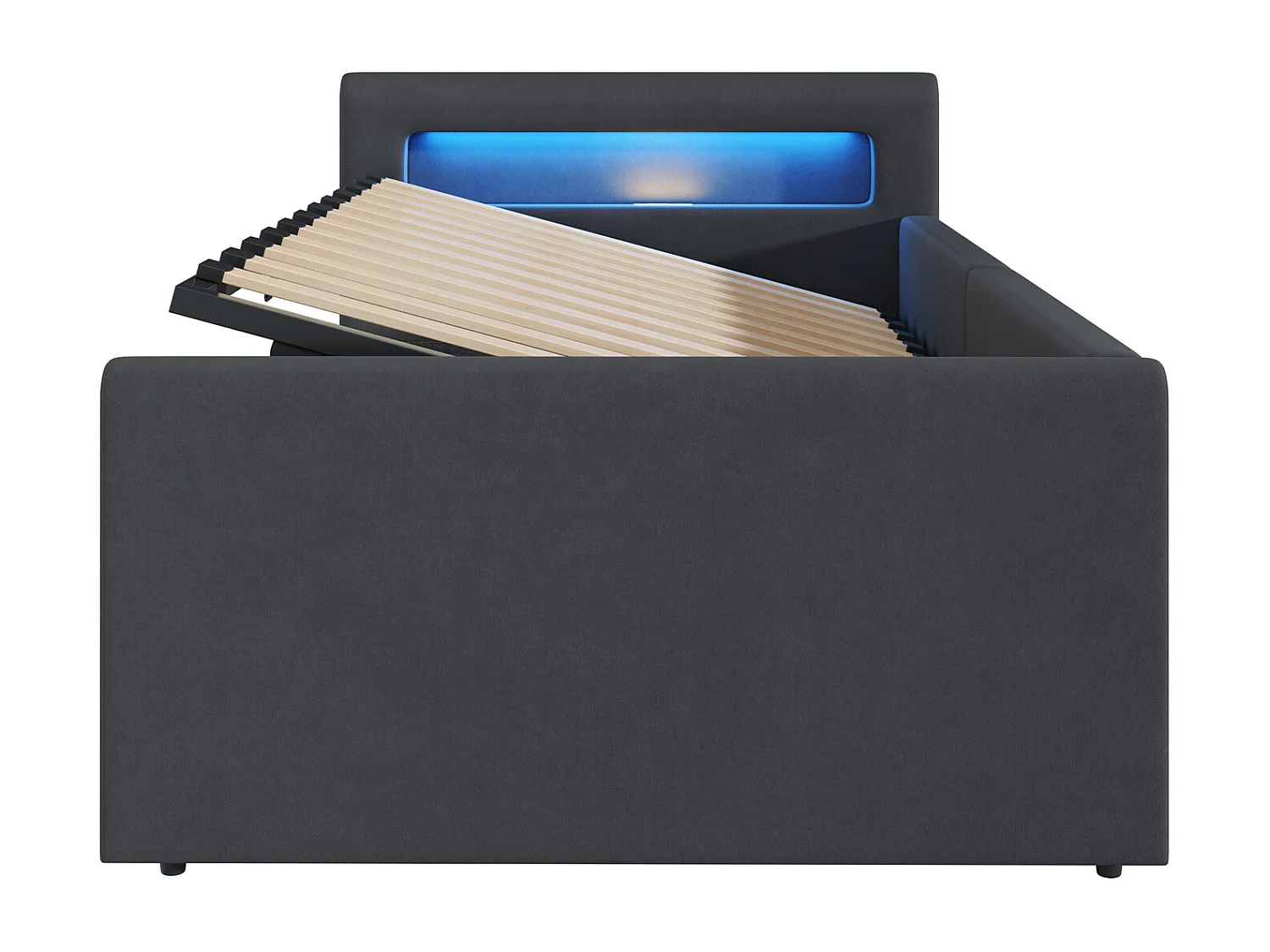 Lit coffre enfant 90x200 cm, velours gris foncé, Lit simple avec LED et port USB, sans matelas