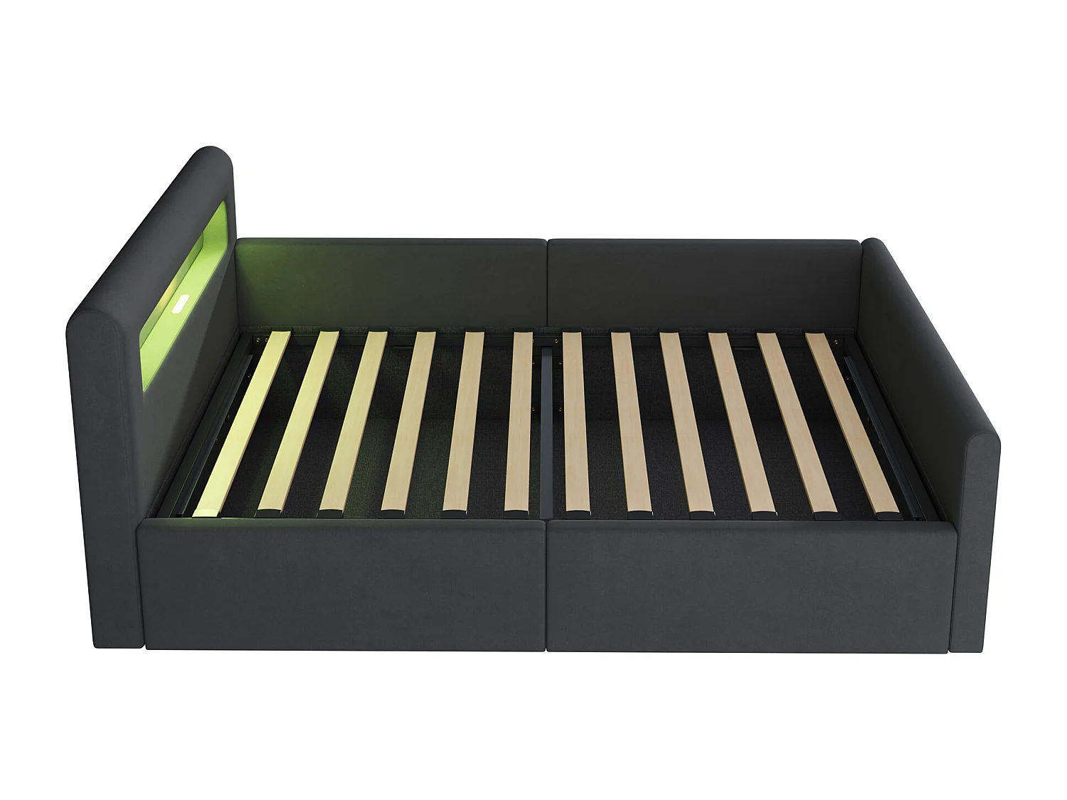 Lit coffre enfant 90x200 cm, velours gris foncé, Lit simple avec LED et port USB, sans matelas