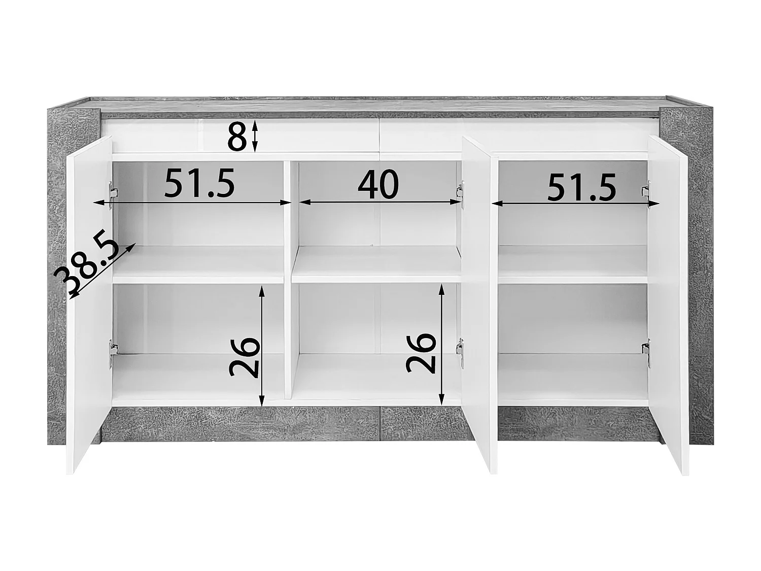 Glanzend wit dressoir met ledverlichting, 3 greeploze deuren en verstelbare planken, modern betongrijs design