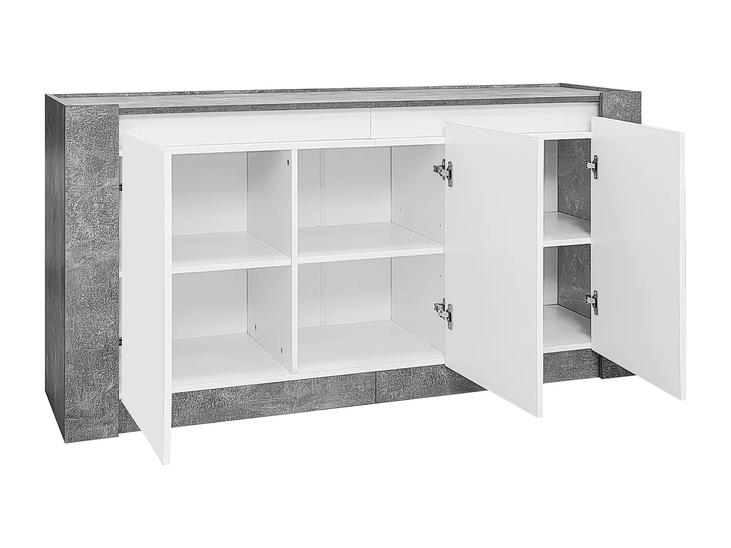 Glanzend wit dressoir met ledverlichting, 3 greeploze deuren en verstelbare planken, modern betongrijs design