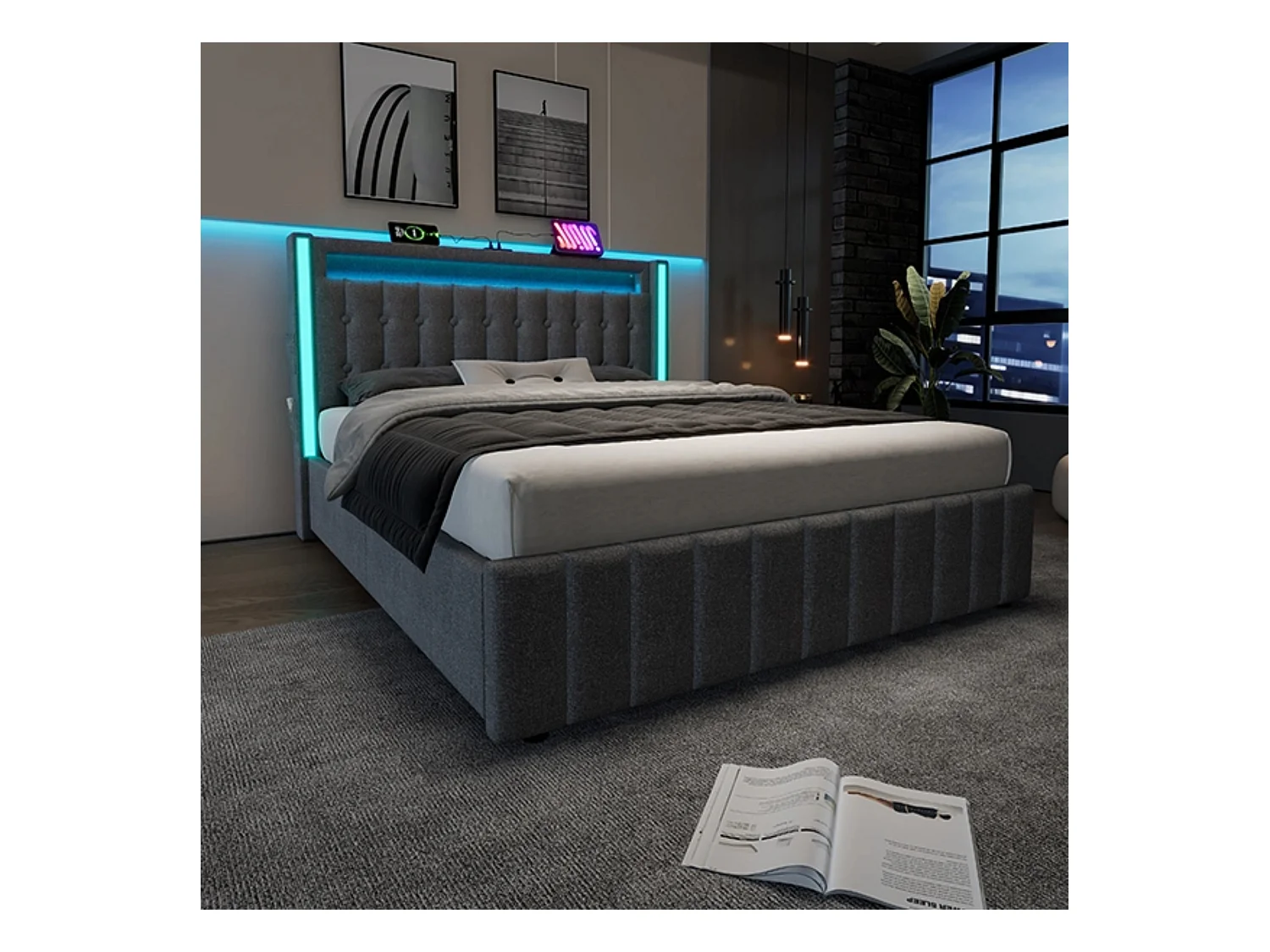 Doppelbett 160 x 200 cm, graues Leinen, Erwachsenenbett mit USB-Ladefunktion und LED-Beleuchtung, 4 Schubladen, ohne Matratze