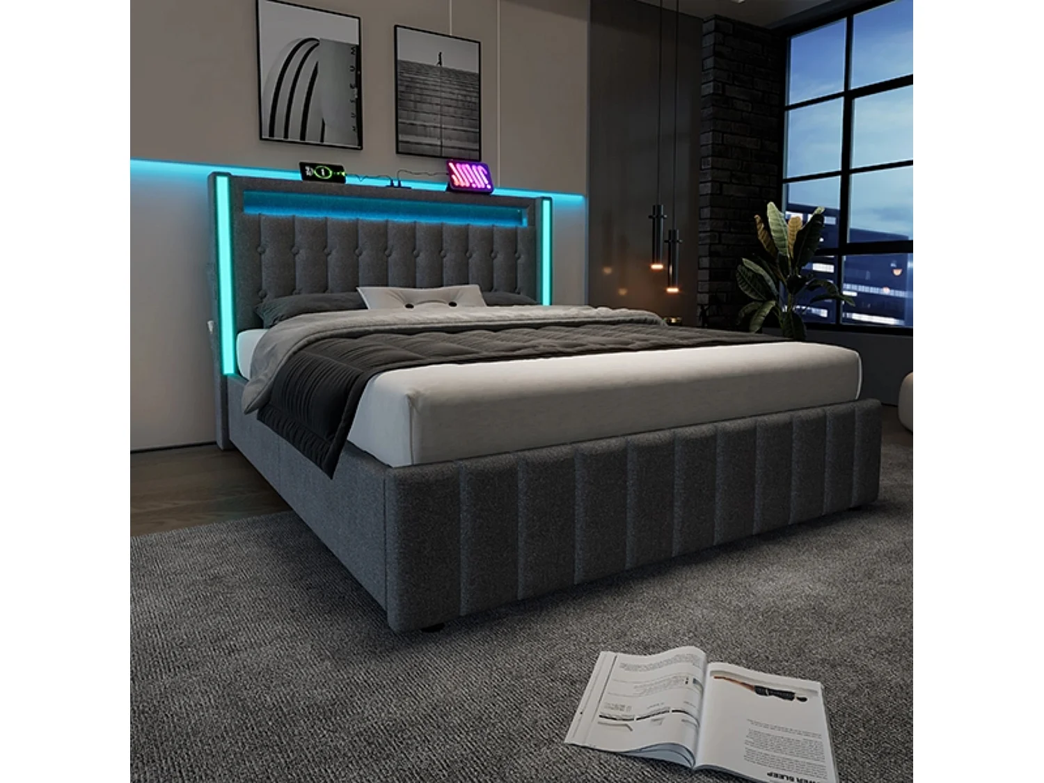 Lit double 160x200 cm, lin gris, Lit adulte avec chargement USB et LED, 4 tiroirs, sans matelas