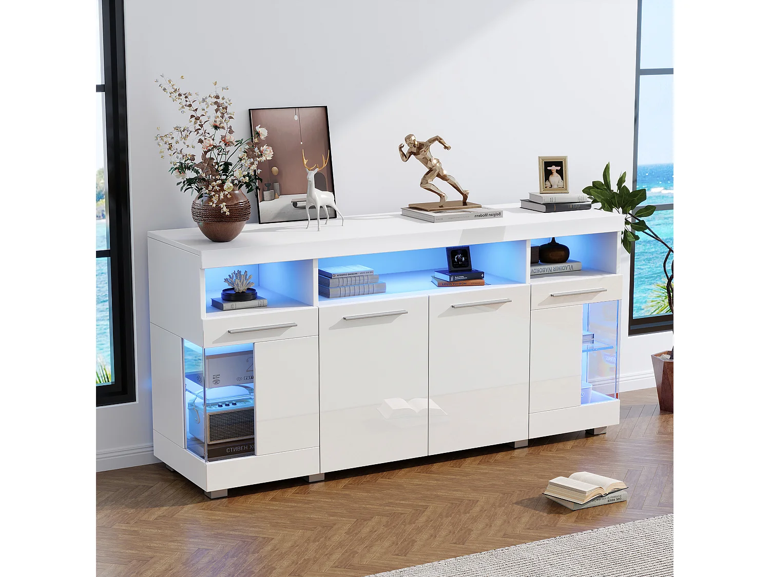 Aparador blanco con luces LED, 140x40x70 cm, 4 puertas y compartimentos, para salón y comedor