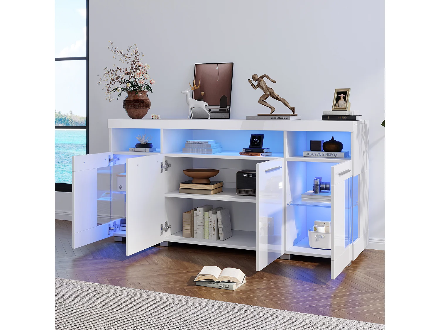 Aparador blanco con luces LED, 140x40x70 cm, 4 puertas y compartimentos, para salón y comedor