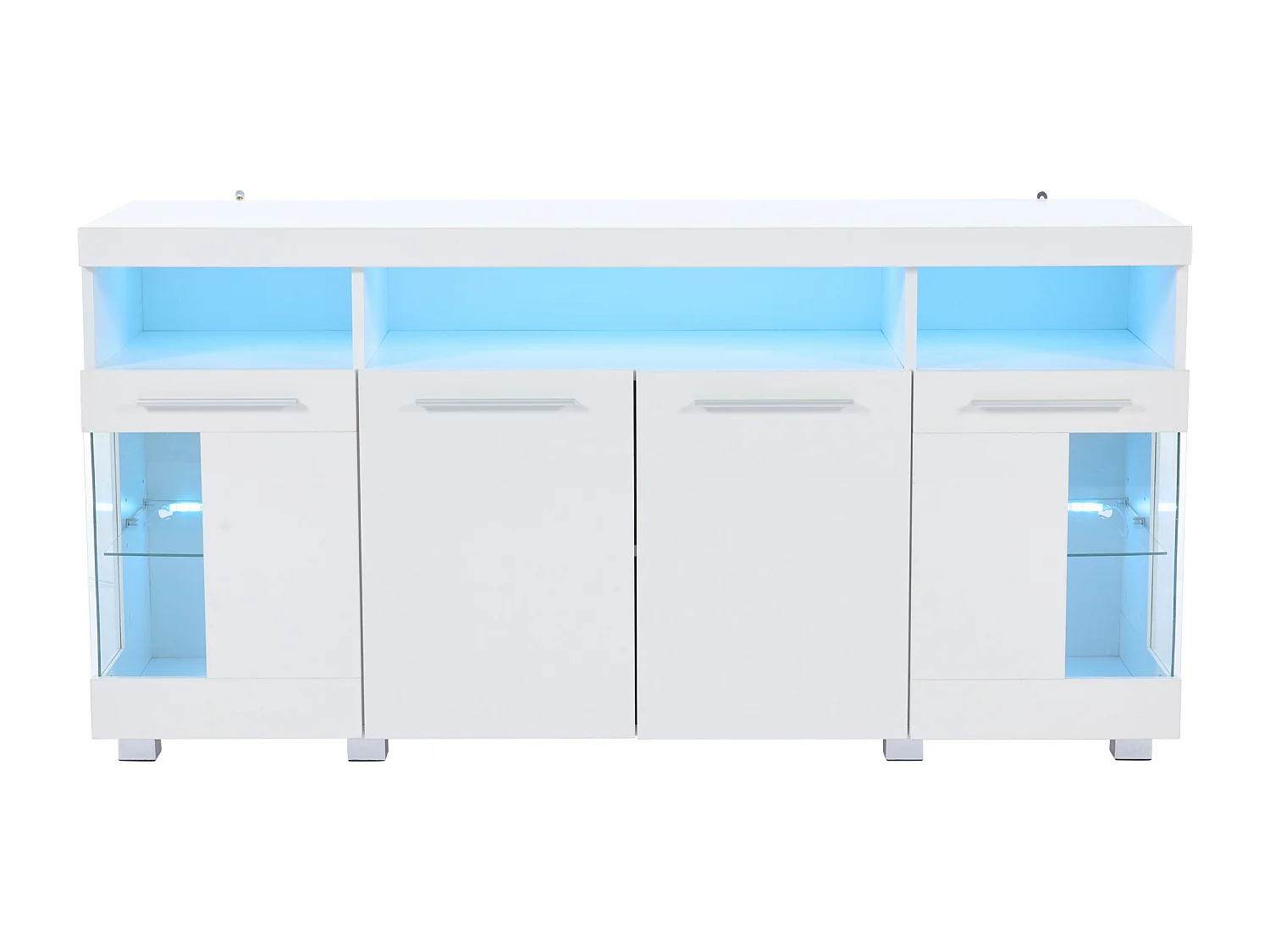 Aparador blanco con luces LED, 140x40x70 cm, 4 puertas y compartimentos, para salón y comedor