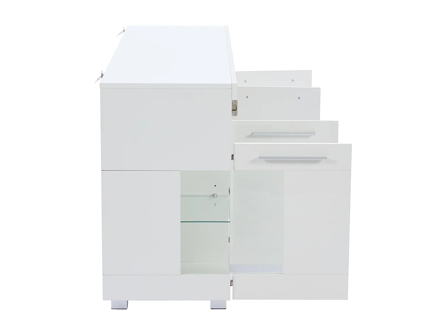 Aparador blanco con luces LED, 140x40x70 cm, 4 puertas y compartimentos, para salón y comedor