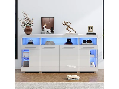 Biała komoda z oświetleniem LED, 140x40x70 cm, 4 drzwi i schowki, do salonu i jadalni