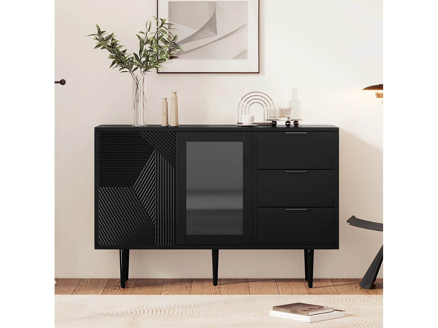 Niedriges Sideboard, schwarzes Sideboard mit 3 Schubladen und 2 Türen, Metallbeine, für Wohn- und Esszimmer