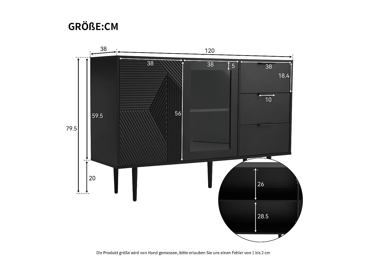 Niedriges Sideboard, schwarzes Sideboard mit 3 Schubladen und 2 Türen, Metallbeine, für Wohn- und Esszimmer