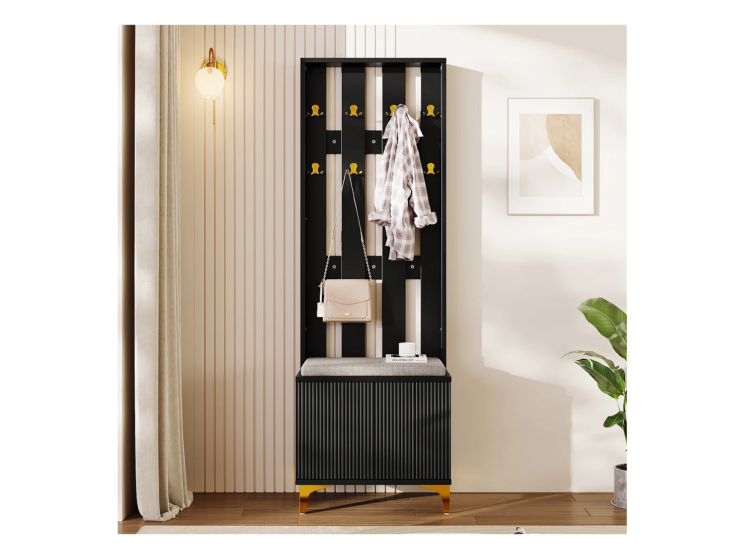 Portemanteau noir avec banc à chaussures – portes à vague, crochets dorés et étagères réglables – meuble d’entrée moderne