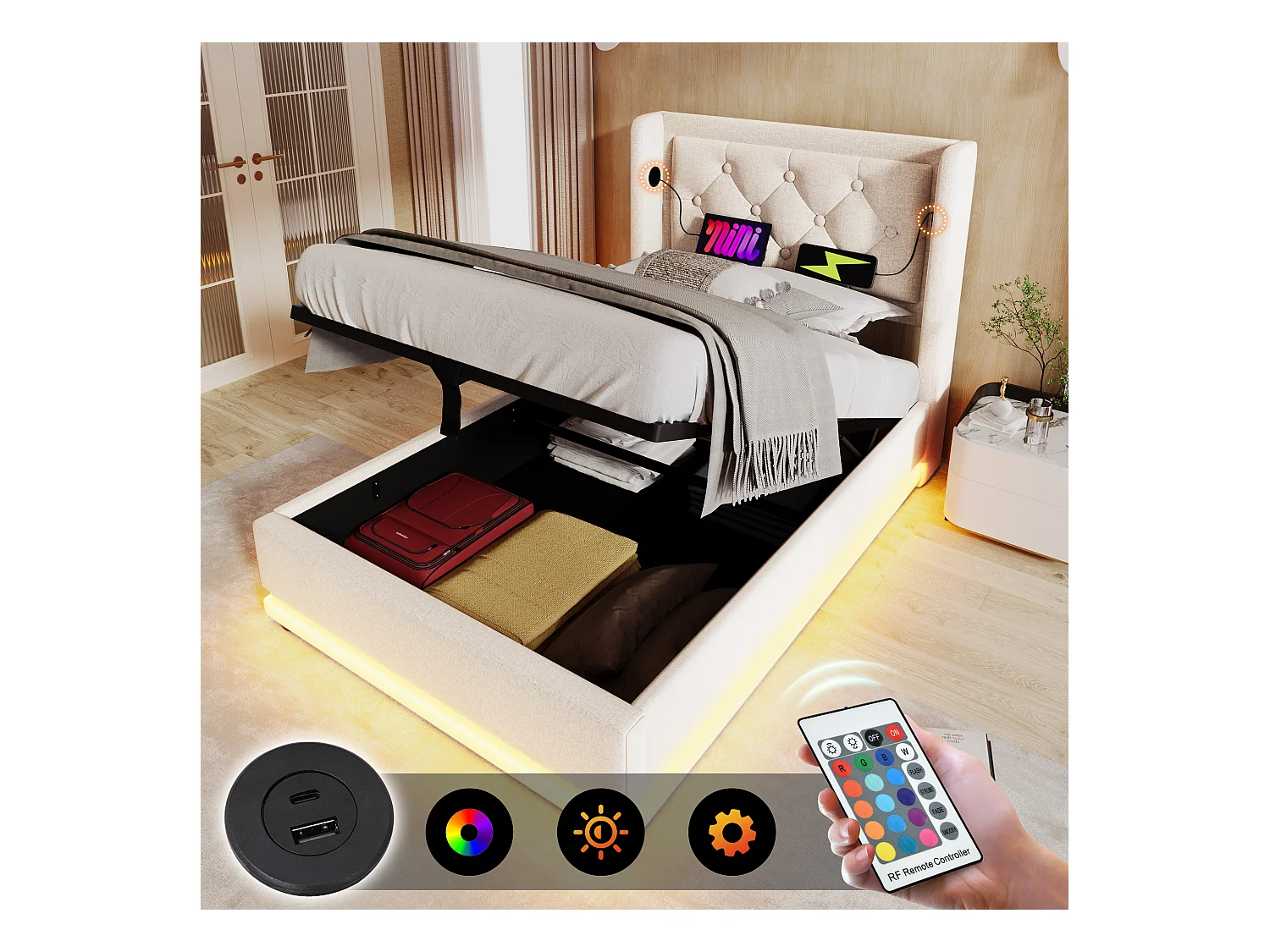 Lit coffre 90x200 cm, coton beige, Lit ado avec LED et chargeur USB, sans matelas