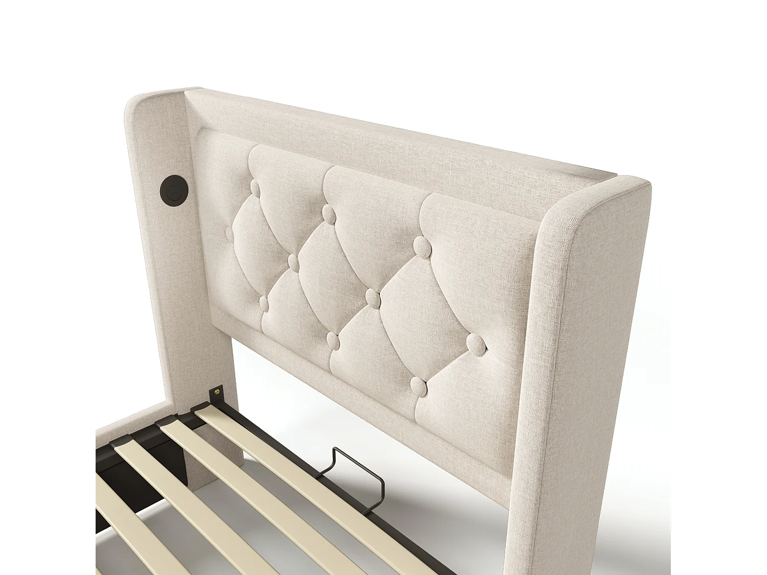 Letto contenitore 90x200 cm, in cotone beige, per ragazzi con LED e ricarica USB, senza materasso