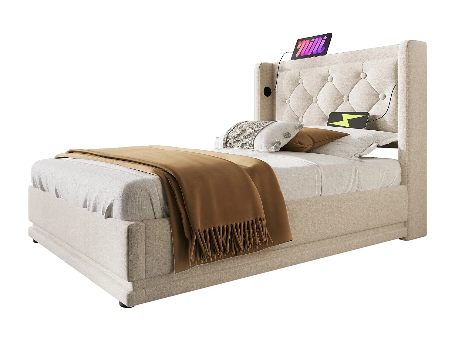 Letto contenitore 90x200 cm, in cotone beige, per ragazzi con LED e ricarica USB, senza materasso