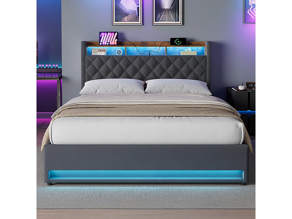 Lit coffre 160x200 cm, velours gris, Lit double avec éclairage LED et port de charge USB, sans matelas