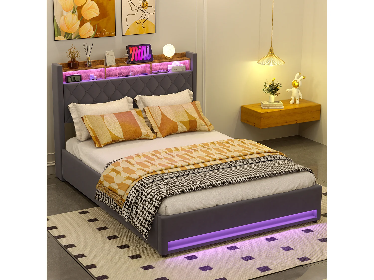 Lit coffre 160x200 cm, velours gris, Lit double avec éclairage LED et port de charge USB, sans matelas
