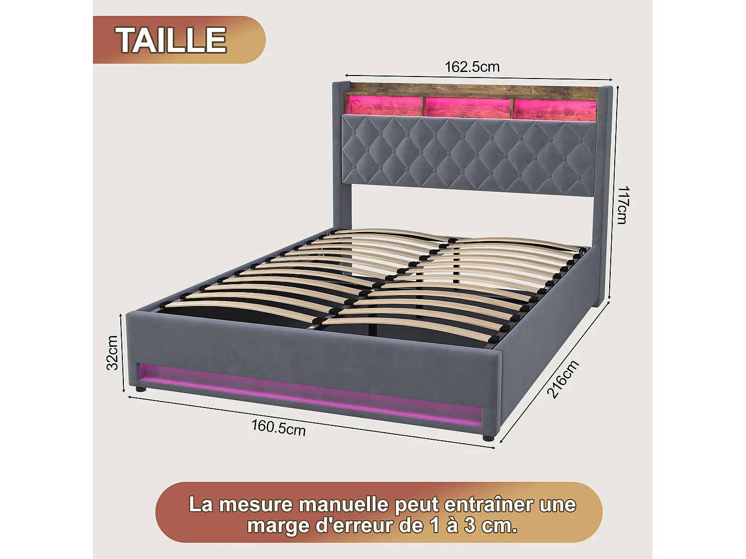Lit coffre 160x200 cm, velours gris, Lit double avec éclairage LED et port de charge USB, sans matelas