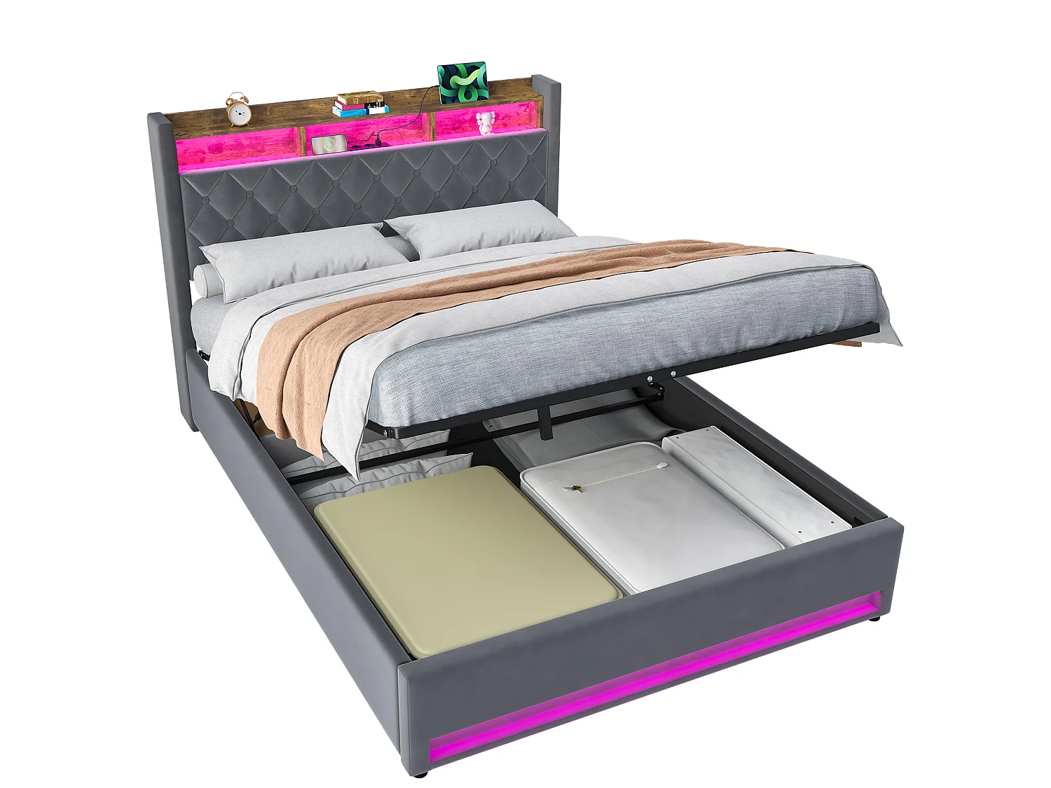 Lit coffre 160x200 cm, velours gris, Lit double avec éclairage LED et port de charge USB, sans matelas