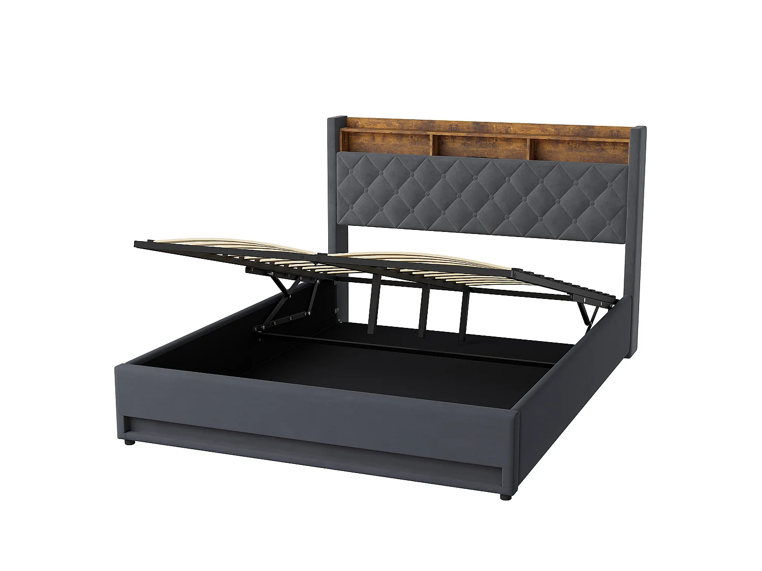 Lit coffre 160x200 cm, velours gris, Lit double avec éclairage LED et port de charge USB, sans matelas