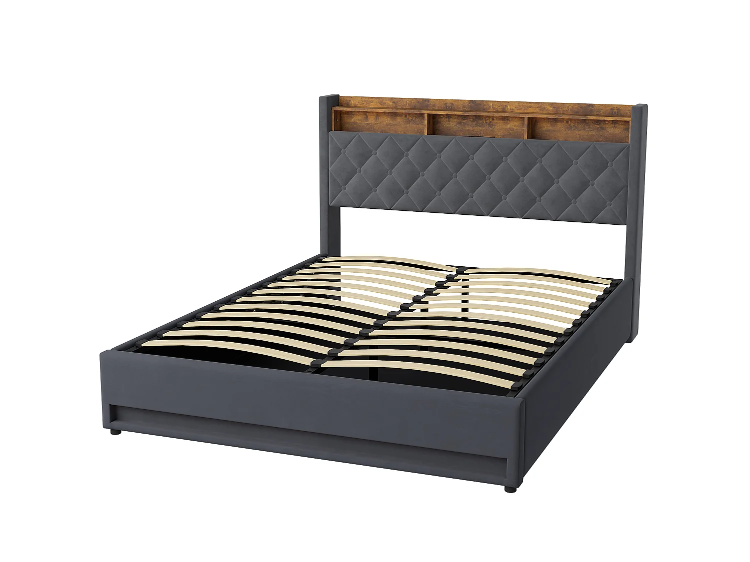 Lit coffre 160x200 cm, velours gris, Lit double avec éclairage LED et port de charge USB, sans matelas