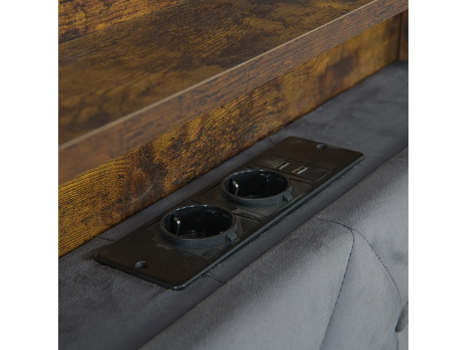 Lit coffre 160x200 cm, velours gris, Lit double avec éclairage LED et port de charge USB, sans matelas