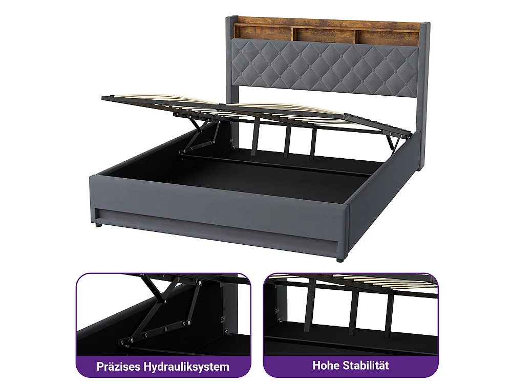Lit coffre 160x200 cm, velours gris, Lit double avec éclairage LED et port de charge USB, sans matelas