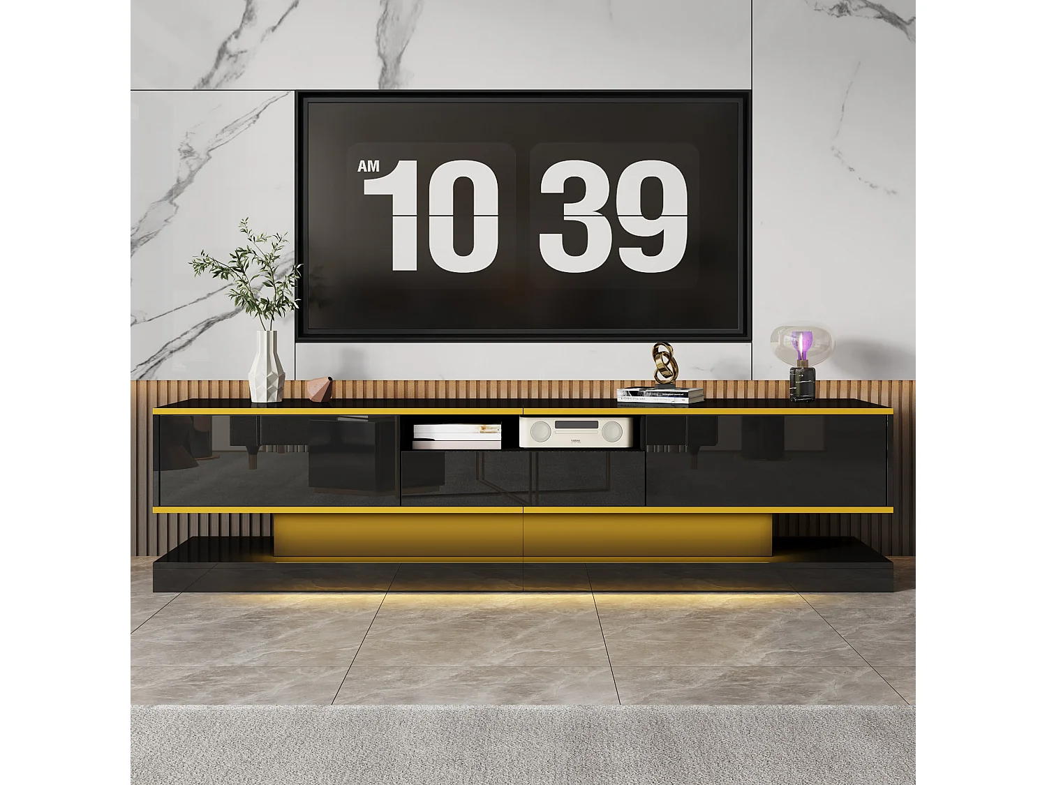 Szafa RTV do salonu, czarna szafka RTV z 3 szufladami i 1 otwartą przegrodą, oświetlenie LED