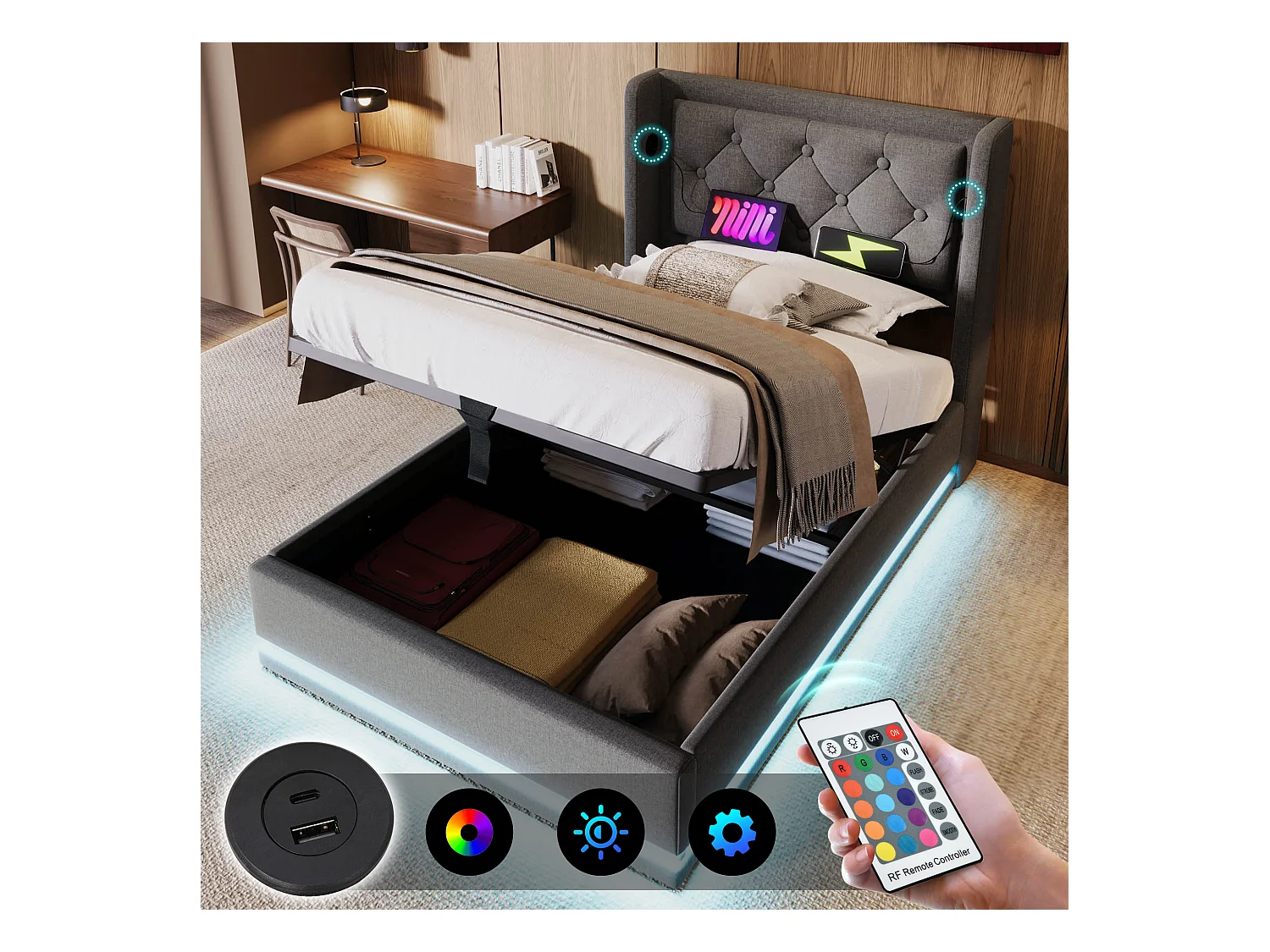 Lit coffre 90x200 cm, coton gris, Lit ado avec LED et chargeur USB, sans matelas