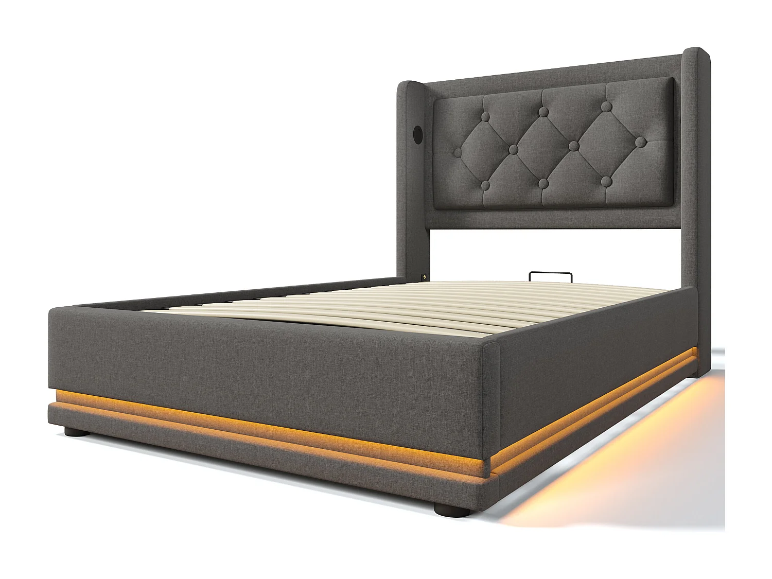 Bed met opbergruimte 90x200 cm, grijs katoen, tienerbed met led-lampje en USB-oplader, zonder matras