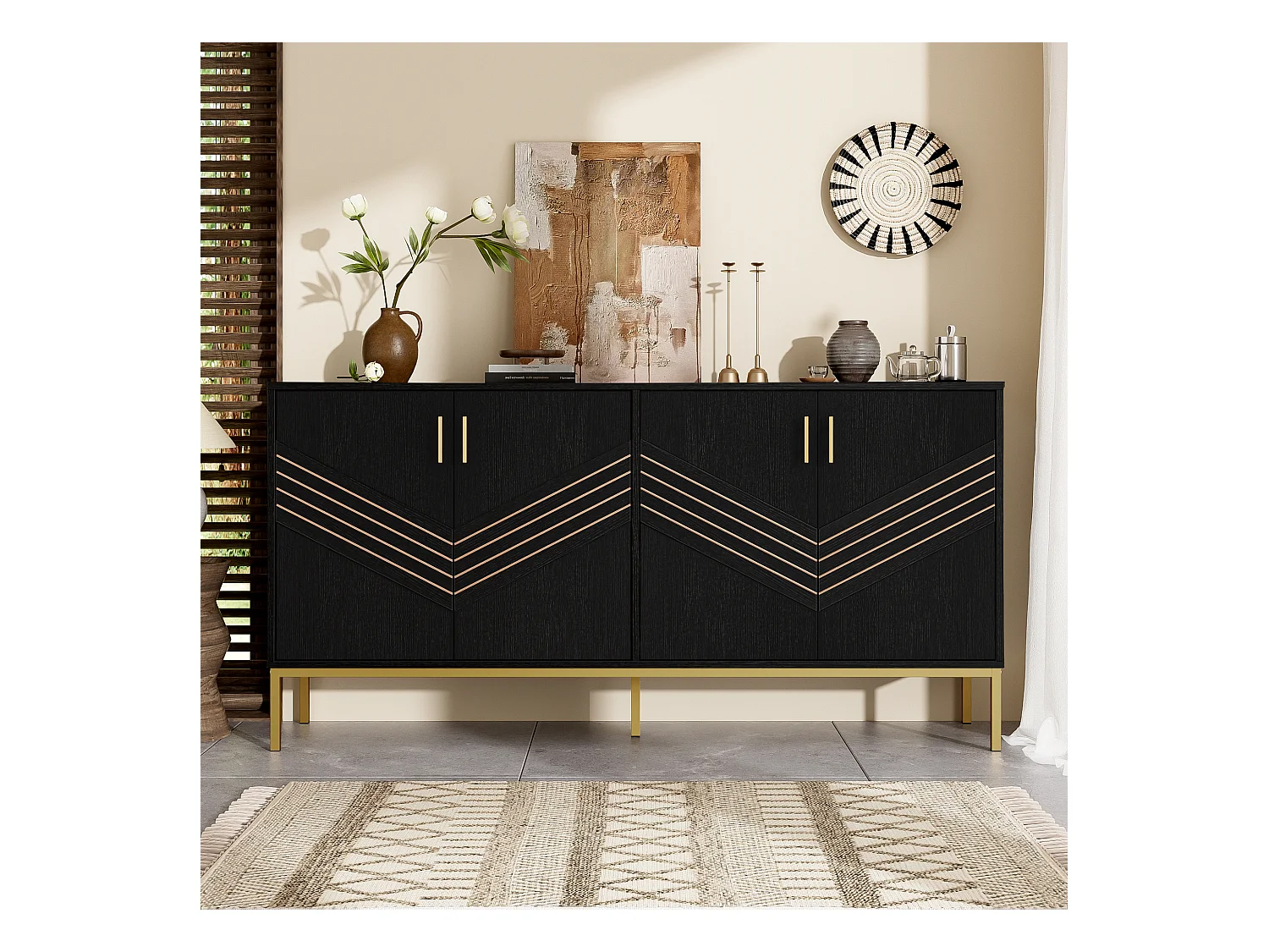 Buffet 4 portes noir et or, design moderne avec rangements spacieux, pieds en métal, étagères réglables, 160x40x80,5 cm