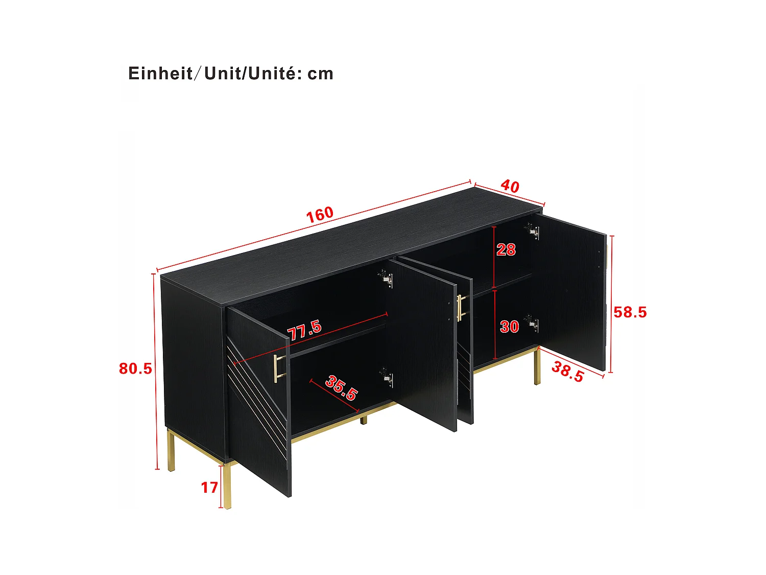 Aparador negro y dorado de 4 puertas, diseño moderno con amplio espacio de almacenamiento, patas de metal y estantes ajustables
