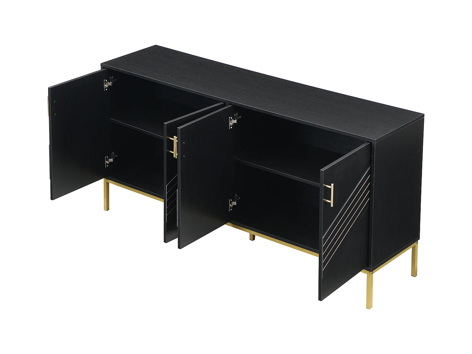 Aparador negro y dorado de 4 puertas, diseño moderno con amplio espacio de almacenamiento, patas de metal y estantes ajustables