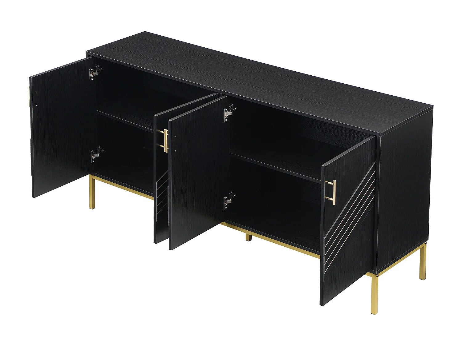 Buffet 4 portes noir et or, design moderne avec rangements spacieux, pieds en métal, étagères réglables, 160x40x80,5 cm