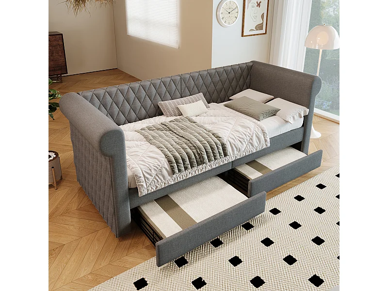 Bedbank 90x200 cm, grijs linnen, kinderbed met 2 opberglades en lattenbodem, zonder matras