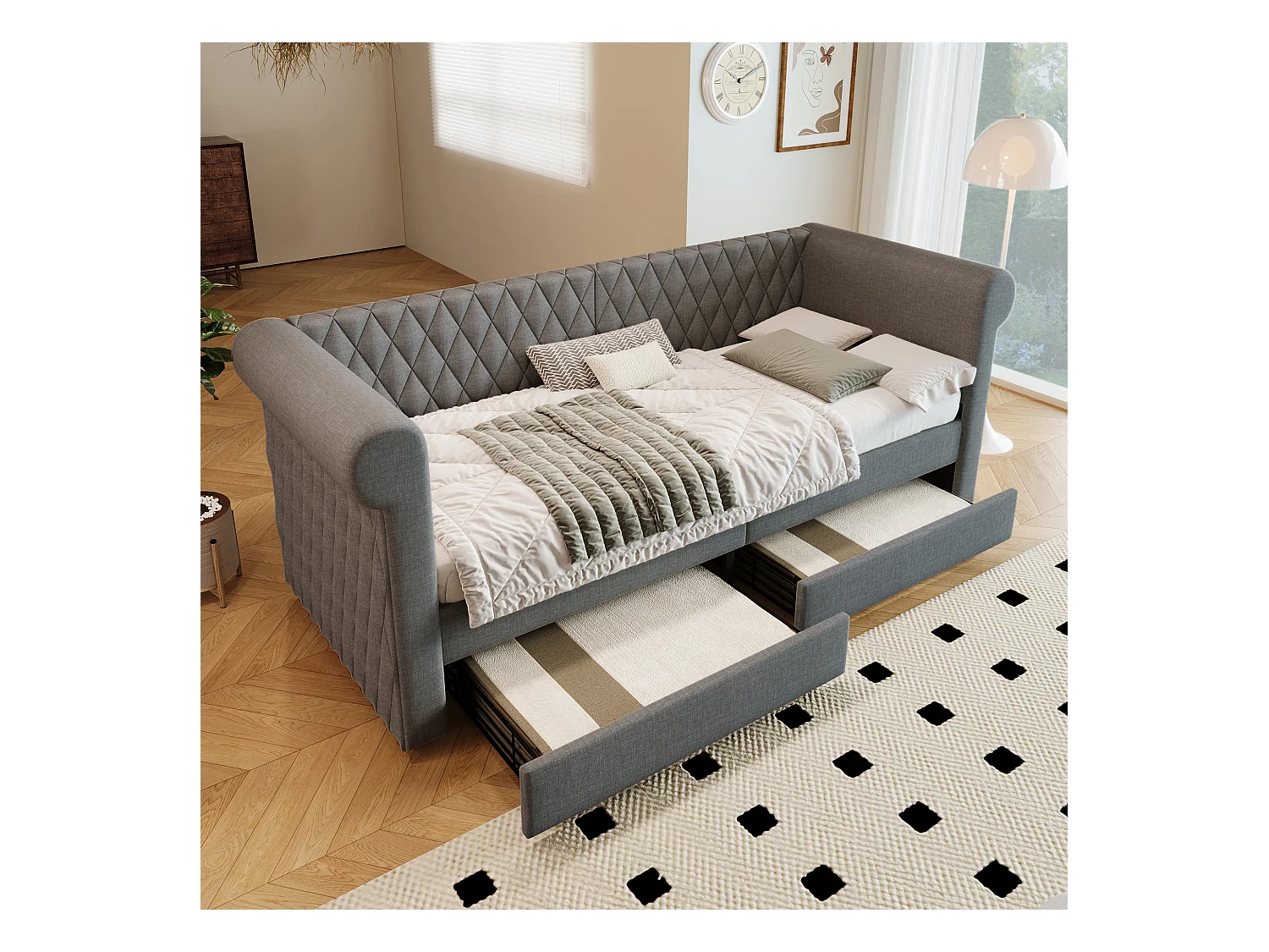 Bedbank 90x200 cm, grijs linnen, kinderbed met 2 opberglades en lattenbodem, zonder matras