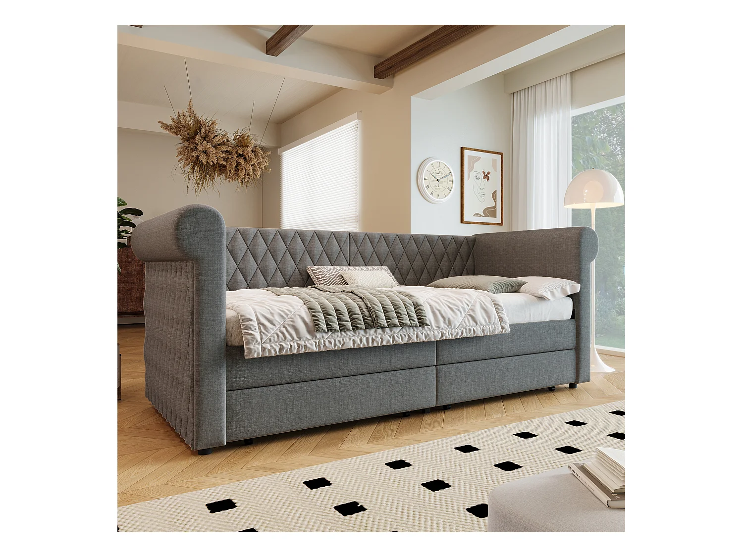 Bedbank 90x200 cm, grijs linnen, kinderbed met 2 opberglades en lattenbodem, zonder matras