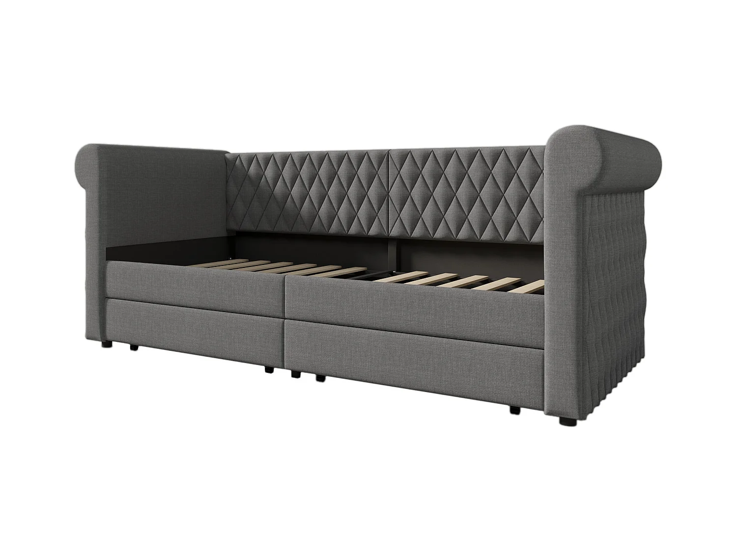 Bedbank 90x200 cm, grijs linnen, kinderbed met 2 opberglades en lattenbodem, zonder matras