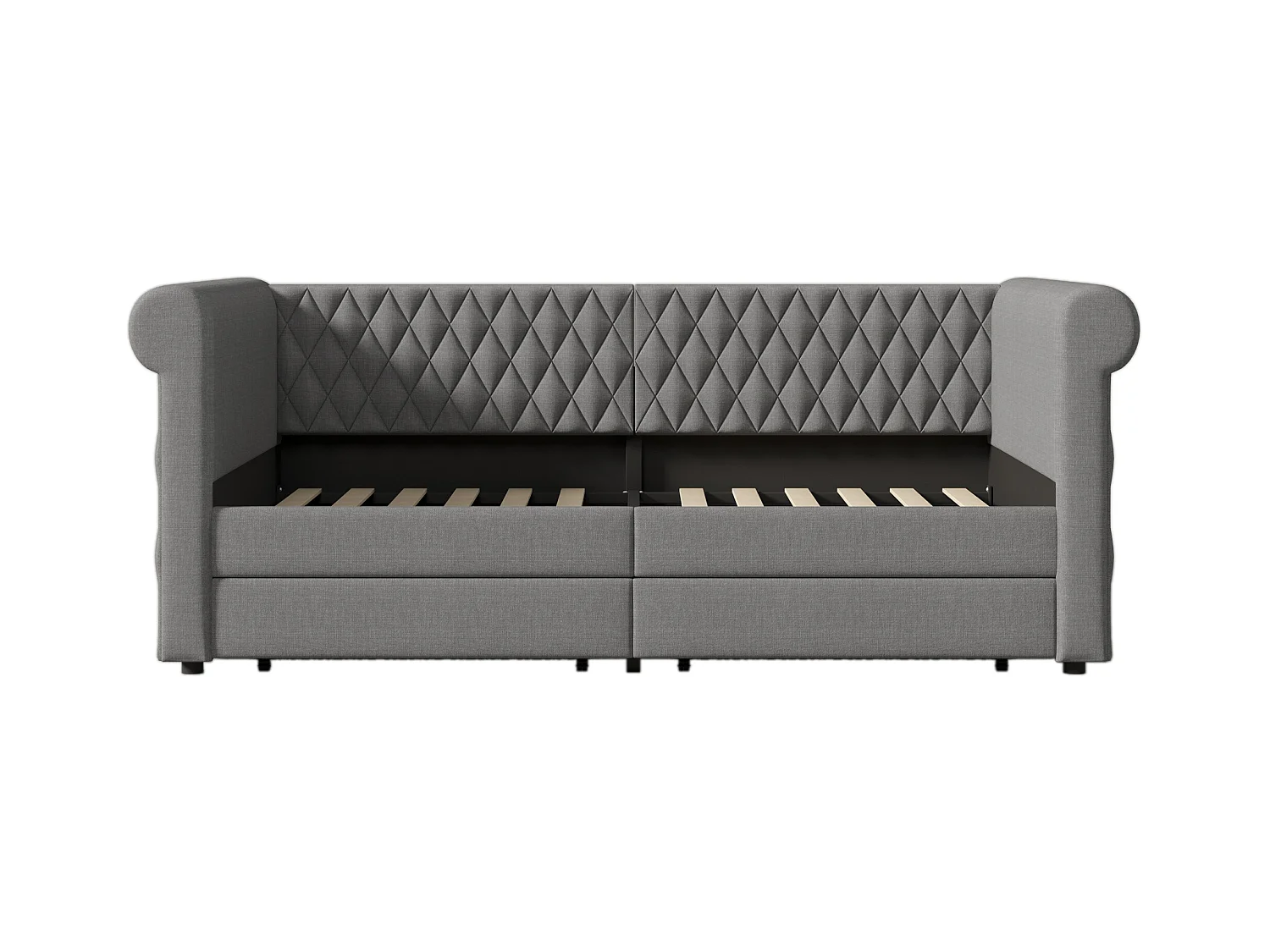 Bedbank 90x200 cm, grijs linnen, kinderbed met 2 opberglades en lattenbodem, zonder matras